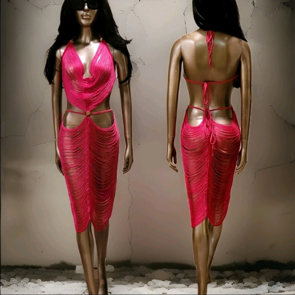 NWT Sunset Pink In Miami Sexy Cut Out Fringe Embellished Ibiza Festival Dress - Picture 7 of 16